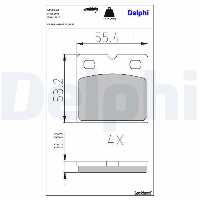Bremsbelagsatz, Scheibenfeststellbremse “DELPHI D971 , R90 Homologated , E9 90R-02A0825/4156 ”