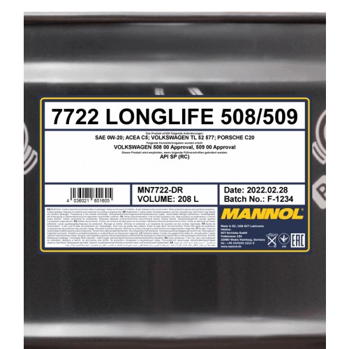 0W-20 Mannol 7722 Longlife 508/509 Motoröl 208 Liter
