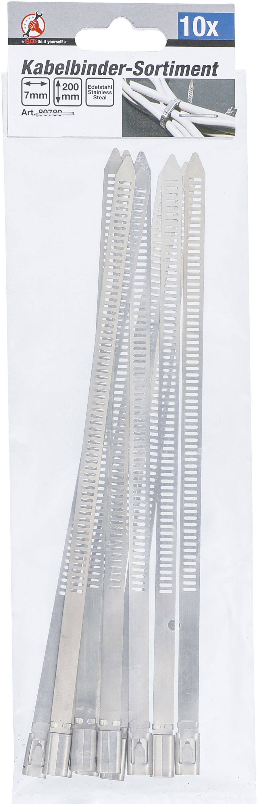 BGS Kabelbinder-Sortiment | Edelstahl | rostfrei | 7,0 x 200 mm | 10-tlg.