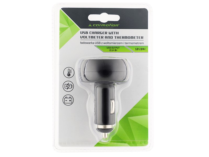 Carmotion USB Ladegerät 2,1A Zigarettenanzünder 12/24V mit Voltmeter und Temperatur