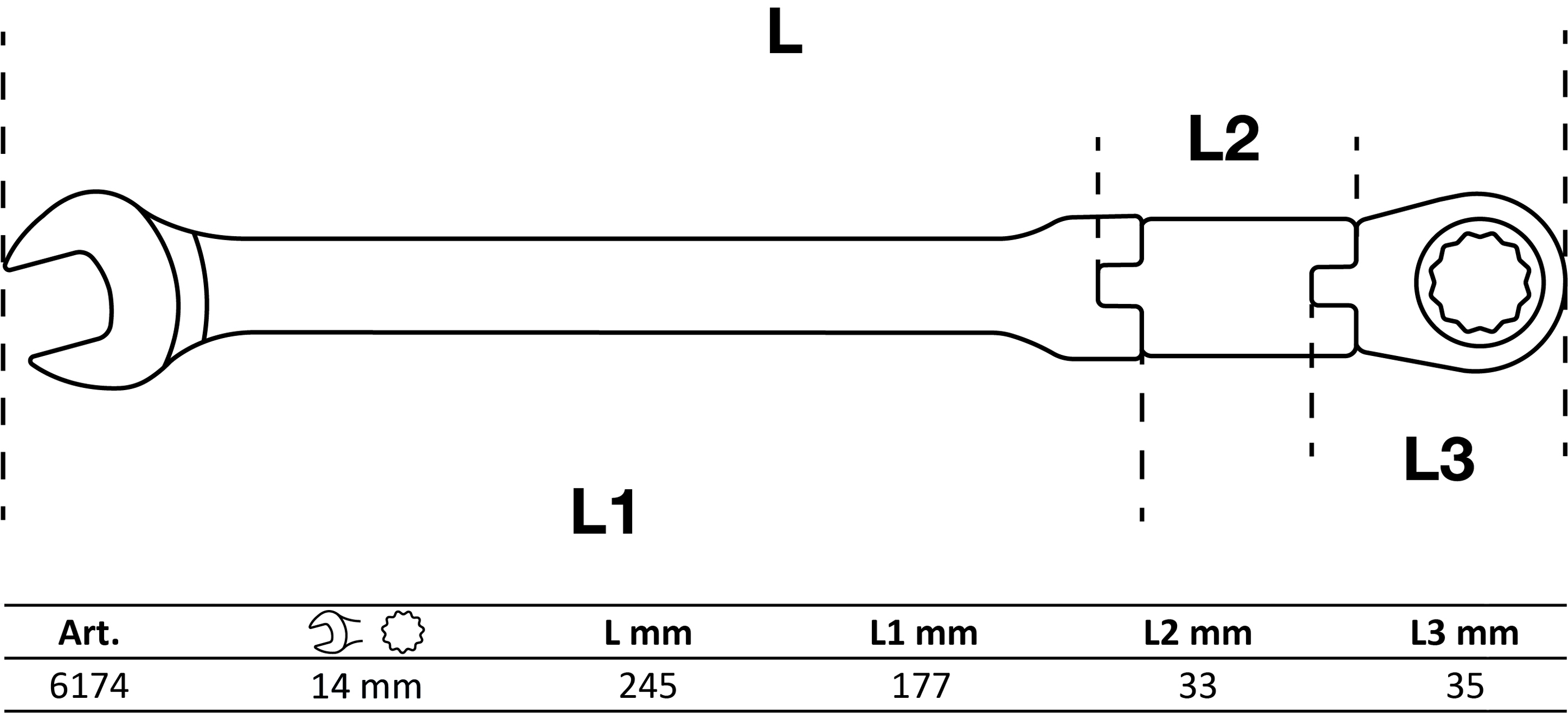 BGS Doppelgelenk-Ratschenring-Maulschlüssel | abwinkelbar | SW 14 mm