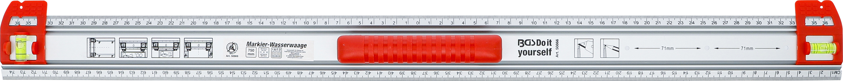 BGS Schneid- und Markierlineal | mit Griff und Wasserwaage | 750 mm
