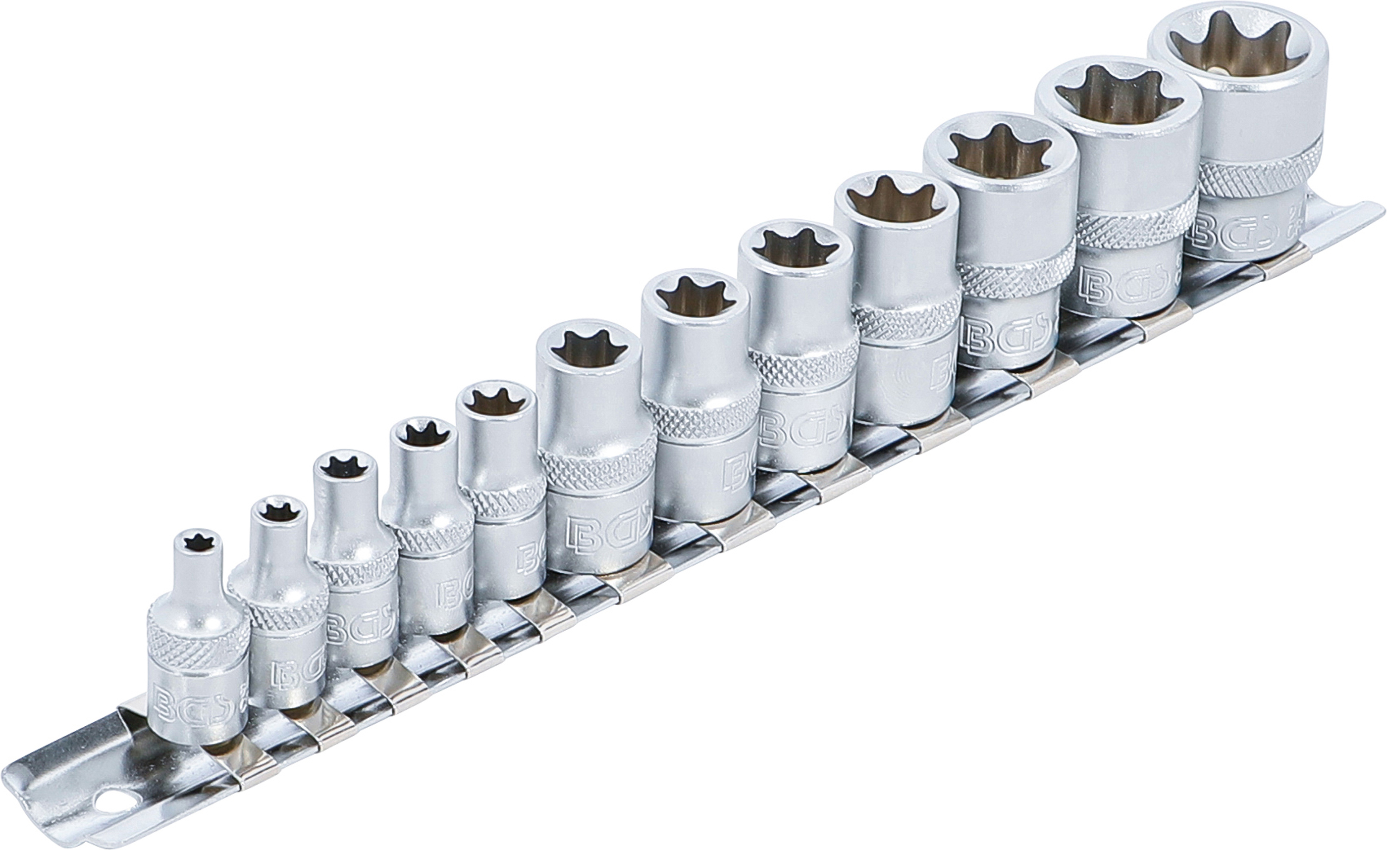 BGS Steckschlüssel-Einsatz-Satz E-Profil | Antrieb Innenvierkant 6,3 mm (1/4") / 10 mm (3/8") | SW E4 - E20 | 12-tlg.