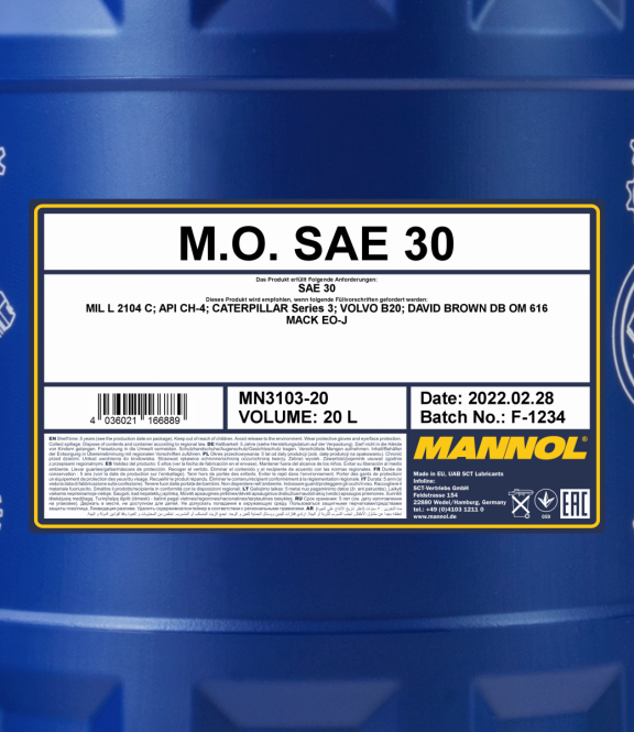 Mannol 3103 M.O. SAE 30 Single Grade Engine Oil Einbereichs Motoröl 20 Liter