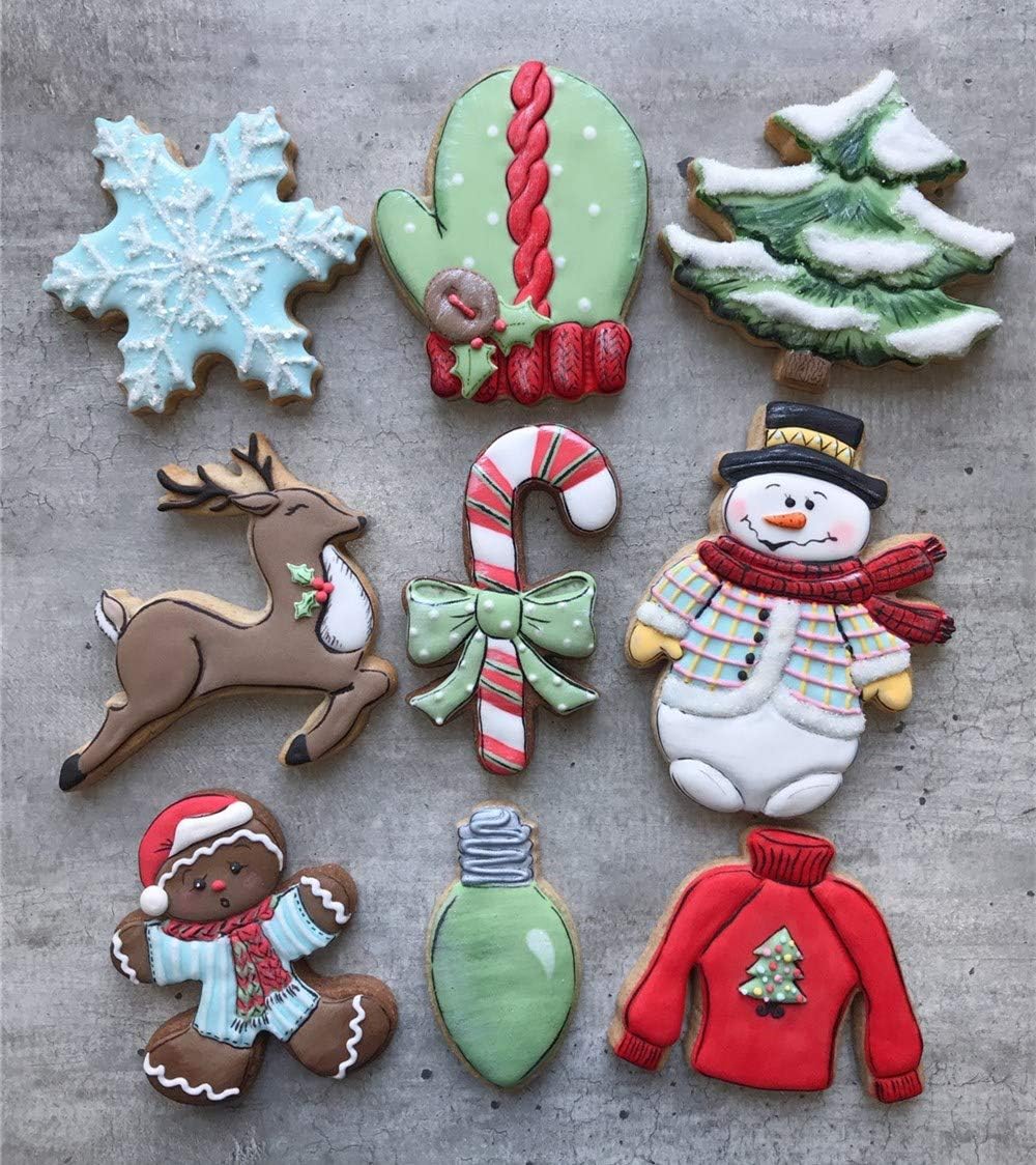 KENIAO Weihnachten Ausstechformen Set - 9 Stück - Weihnachtsbaum, Lebkuchenmann, Zuckerstange, Rentier, Glühlampe, Schneemann, Schneeflocke, Pullover 