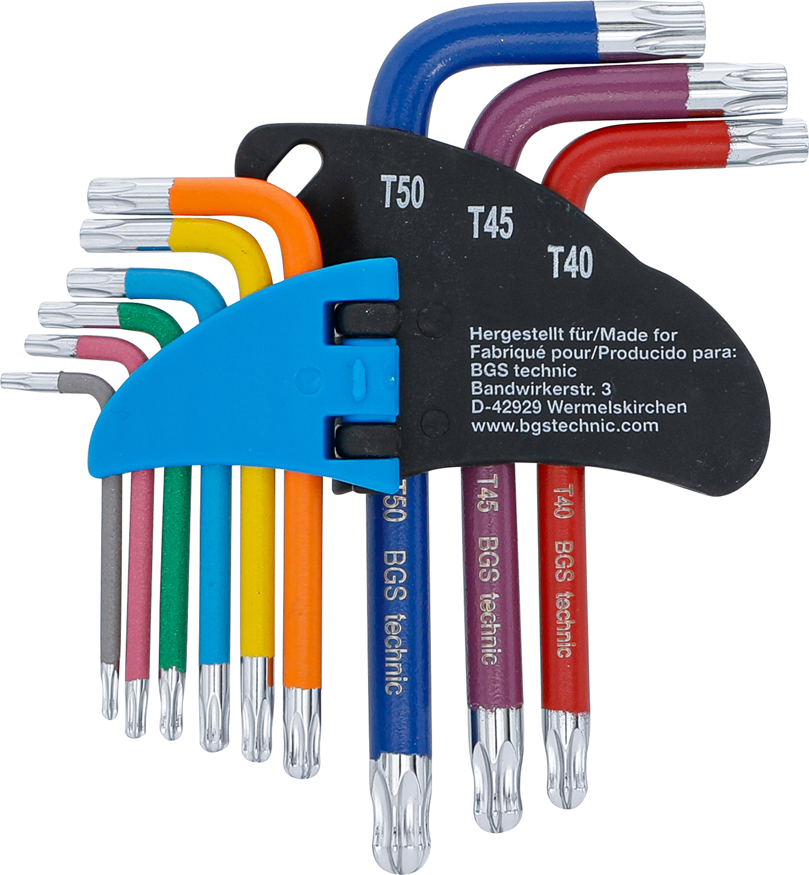 BGS Winkelschlüssel-Satz | Multicolour | kurz | T-Profil (für Torx) mit Bohrung und Kugelkopf T10 - T50 | 9-tlg.