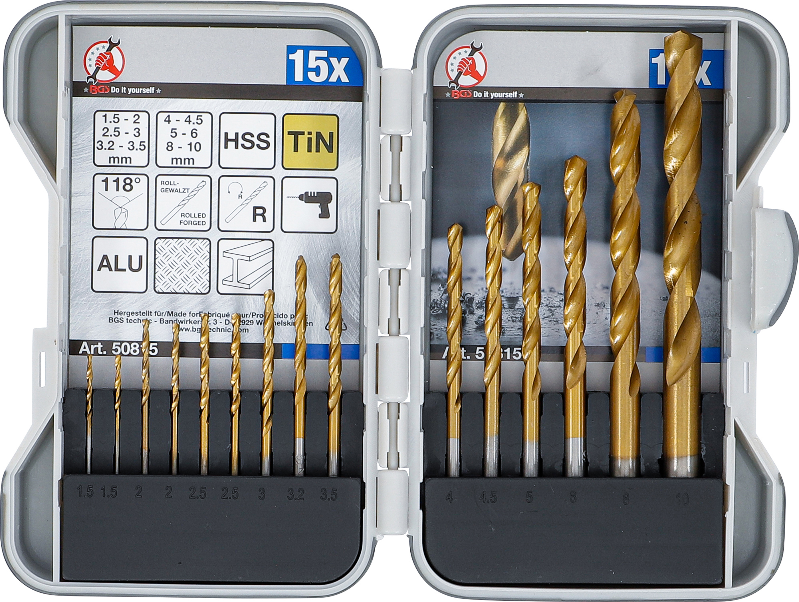 BGS HSS-Spiralbohrer-Satz | titan-nitriert | 1,5 - 10 mm | 15-tlg.