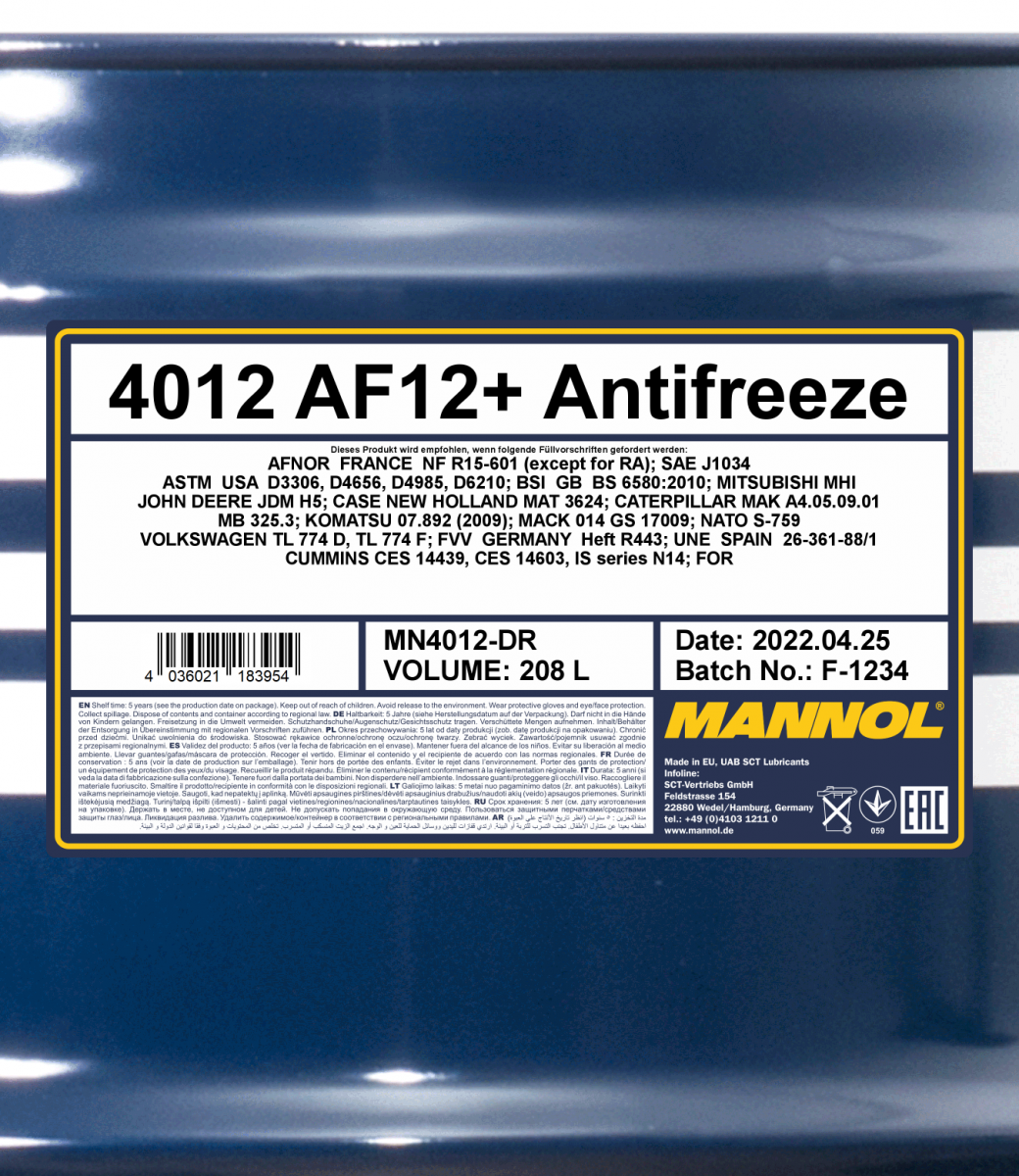 Mannol 4112 Kühlerfrostschutz Antifreeze AF12+ Longlife Konzentrat 208 Liter