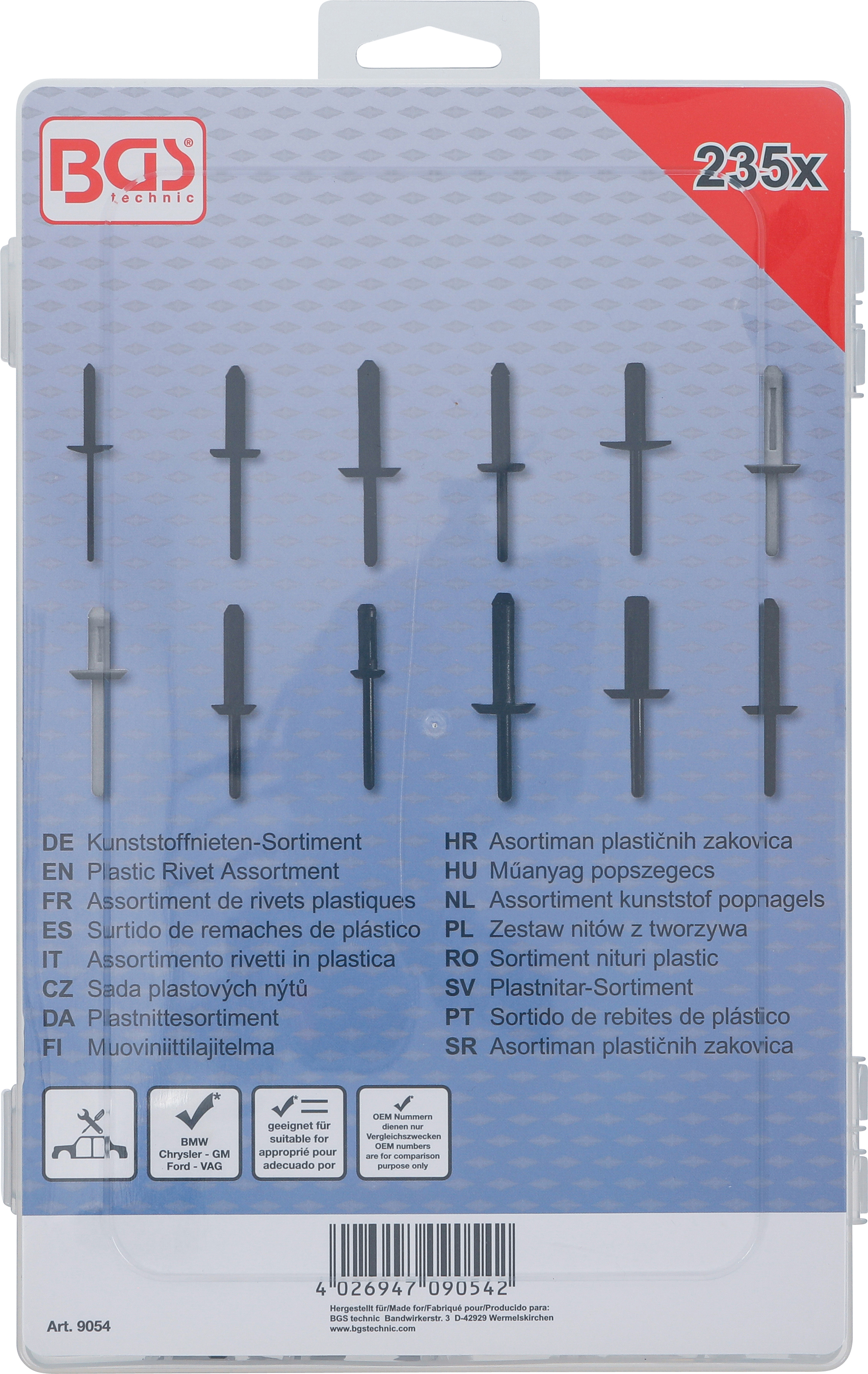 BGS Kunststoffnieten-Sortiment | für GM, BMW, Chrysler, VW, Ford | 235-tlg.