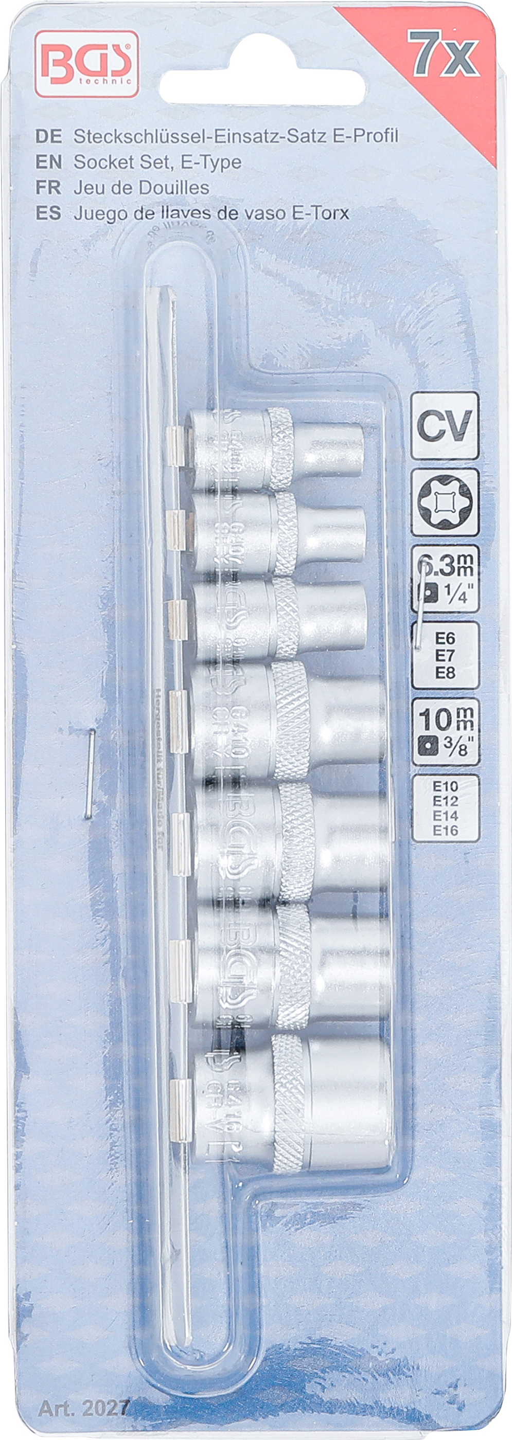 BGS Steckschlüssel-Einsatz-Satz E-Profil | Antrieb Innenvierkant 6,3 mm (1/4") / 10 mm (3/8") | SW E6 - E16 | 7 tlg.