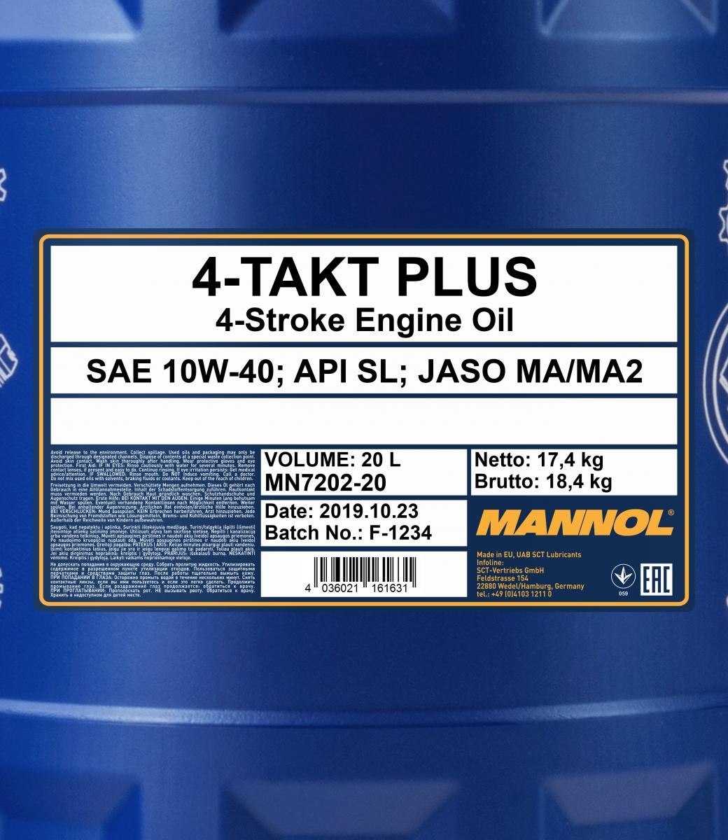 10W-40 Mannol 7202 4-Takt Plus Motoröl Motorrad 20 Liter