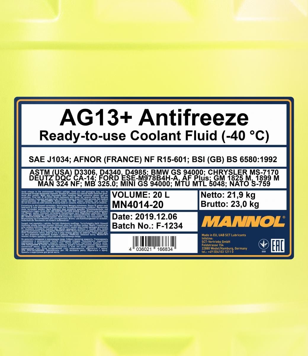 Mannol 4014 Kühlerfrostschutz Antifreeze AG13+ Advanced -40 Fertigmischung 20 Liter