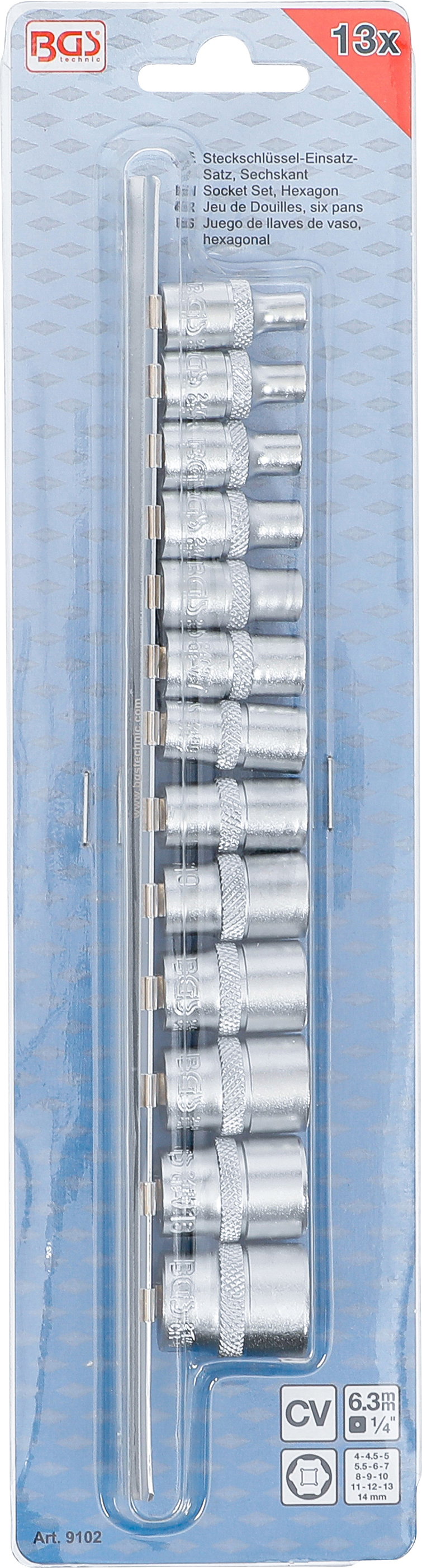 BGS Steckschlüssel-Einsatz-Satz, Sechskant | Antrieb Innenvierkant 6,3 mm (1/4") | SW 4 - 14 mm | 13-tlg.