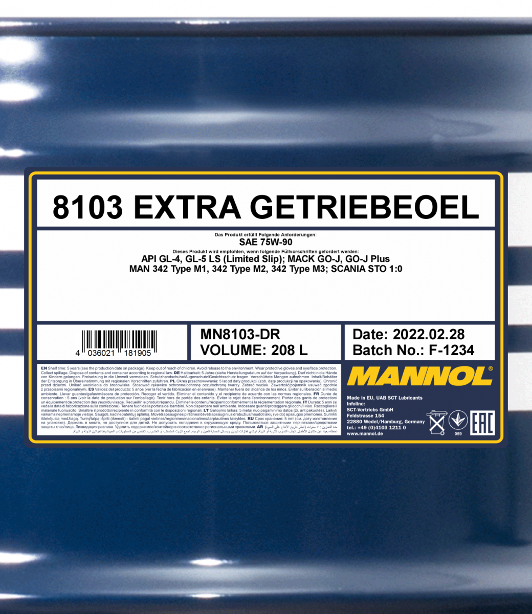 75W-90 Mannol 8103 Extra Getriebeöl 208 Liter