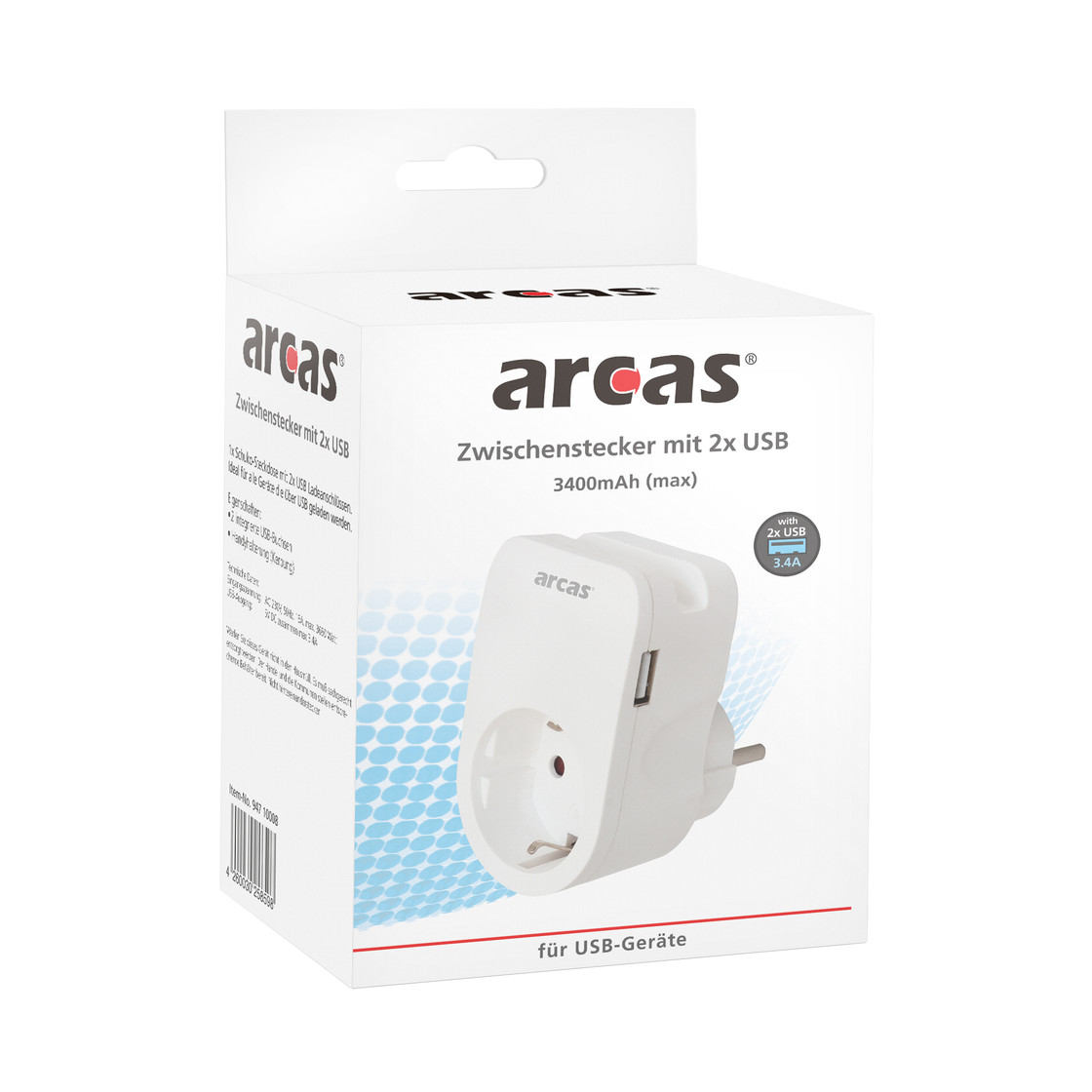 Arcas Zwischenstecker mit 2 USB und Handyablage 3.4A
