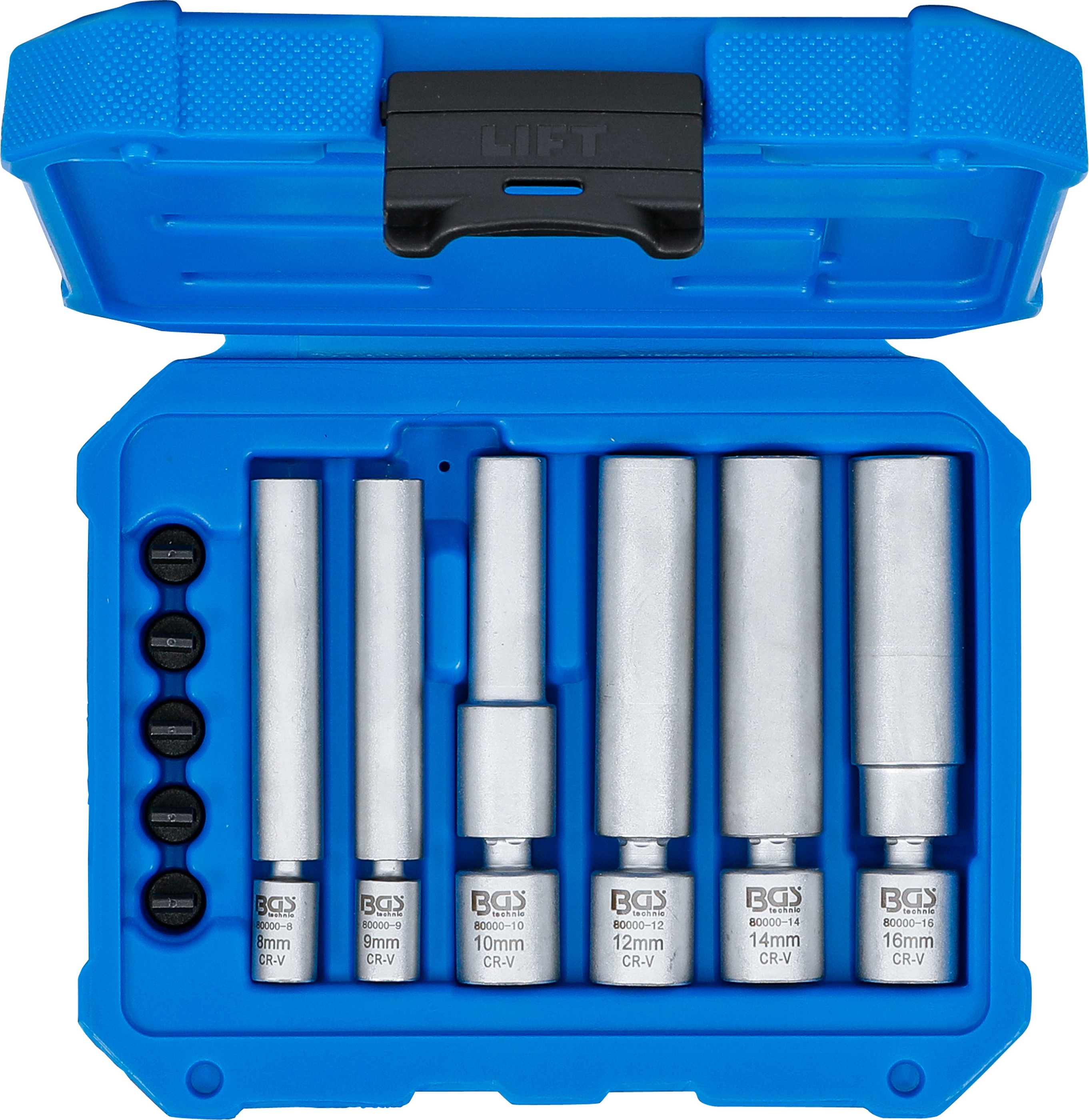 BGS Glüh- und Zündkerzen-Gelenk-Einsatz-Satz | Antrieb Innenvierkant 6,3 mm (1/4") / 10 mm (3/8") | SW 8 - 9 - 10 - 12 - 14 - 16 mm | 11-tlg.