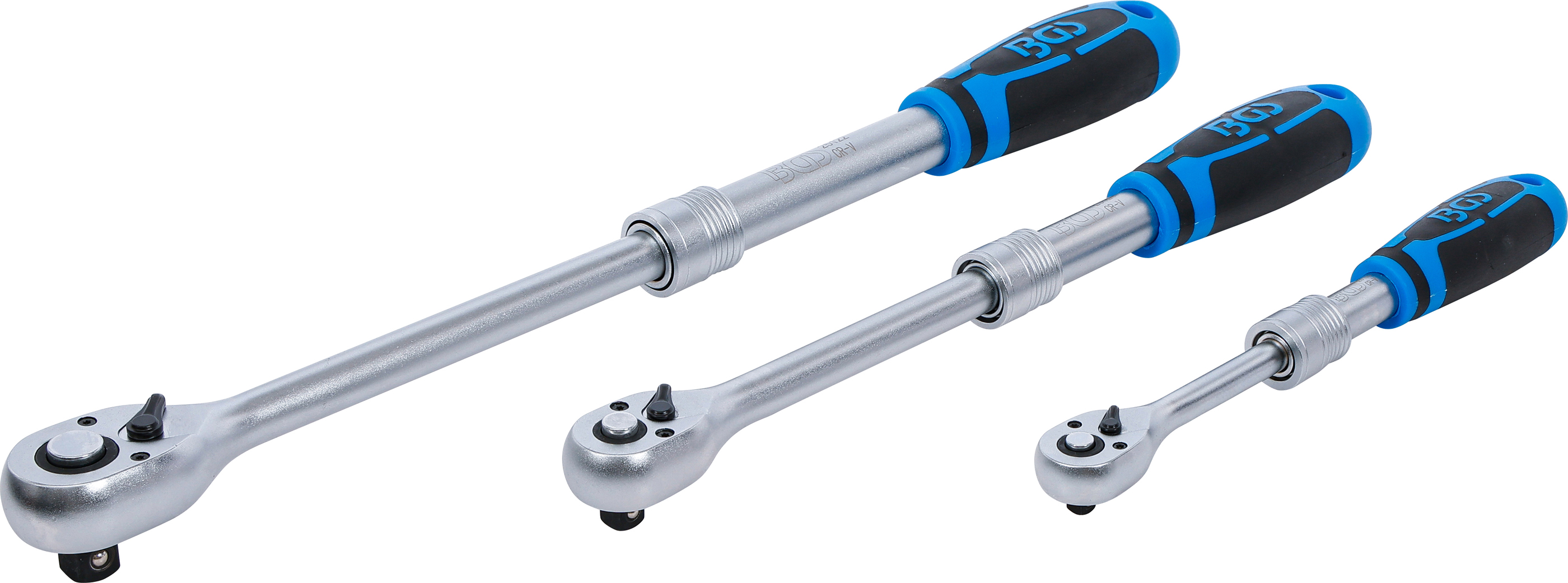 BGS Umschaltknarren-Satz | ausziehbar | Abtrieb Außenvierkant 6,3 mm (1/4") - 10 mm (3/8") - 12,5 mm (1/2") | 3-tlg.