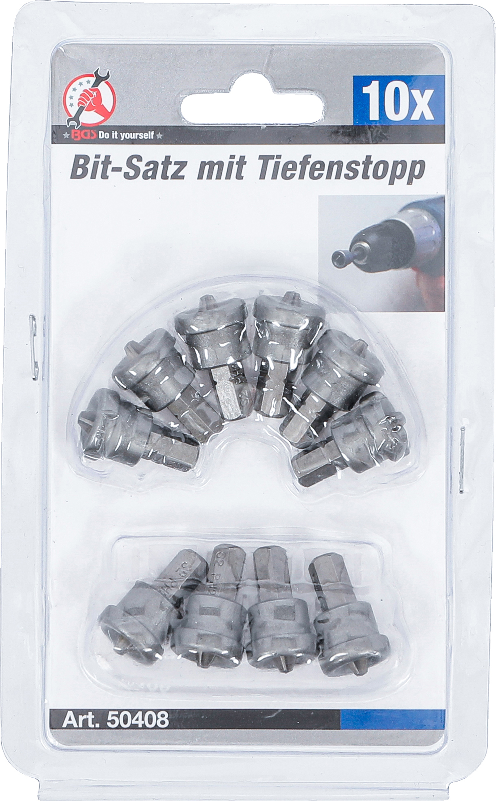 BGS Bit-Satz mit Tiefenstopp | für Gipskartonplatten | Antrieb Außensechskant 6,3 mm (1/4") | Kreuzschlitz PH2 | 10-tlg.